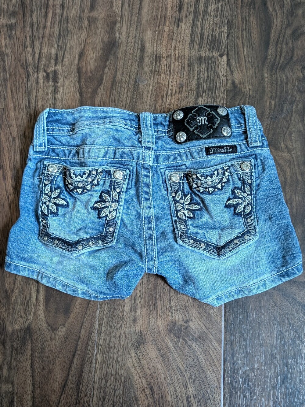 Miss Me 8 Youth Girls Light Blue Embroidered Rhinestone Denim Shorts